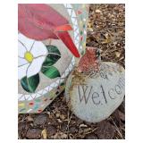 Cardinal stepping stone and welcome rock, Cardinal on welcome Rock has been damaged