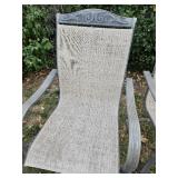 Pair of fabric covered patio chairs, metal frame, Show some wear