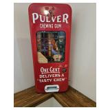 Culver, chewing gum dispenser. "one cent delivers a tasty chew" printed on front. contains small pieces of gum. appears original, with key