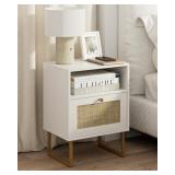 Masupu Rattan Nightstand,Modern Boho Farmhouse Wood Bedside Table with Storage Drawer and Open Shelf,Small Gold Frame Side End Table for Bedroom,Living Room,Office(White)