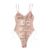 Lilosy Plus Size Women Sexy Lace Up Floral Embroidered Teddy Babydoll Lingerie Bodysuit Top Mesh Sheer One Piece See Through Pink 4X-Large