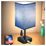 Dimmable Table Lamp with Blue Shade Bedside Lamp with Light Bulb,2 USB C+A Ports and Dual AC Outlets,3 Way Dimmable Touch Small Lamp for Bedroom,Nightstand Lamp Minimalist for Living Room,Dorm,Office