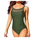 Tempt Me Women One Piece Mesh Swimsuits Tummy Control Swimwear Army Green XL