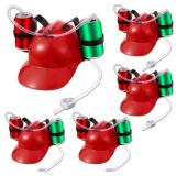 5 Pcs Beverage Helmet Soda Hat Beverage Holder Helmet with Straw Hole Adjustable Holder Cap Beverage Hat for Party Supply (Red)