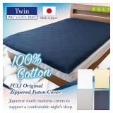 FULI 100% Cotton Zippered Futon Cover, Japanese Futon Mattress Cover, Shikibuton, Made in Japan (Twin, Pure White)