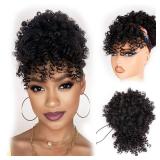 builson Drawstring Ponytail for Black Women, Afro Puff Kinky Curly Hair Ponytail Extension with Bangs Off Black Updo Natural Hair Ponytail (2# Dark Brown)