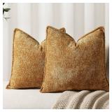 DEZENE Pack of 2 Golden Brown Decorative Throw Pillow Covers 20x20 Cozy Soft Chenille Accent Vintage Square Couch Pillow Covers for Home Decor Bed Sofa Living Room