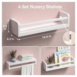 Boswillon Dual Guard Nursery Book Shelves Set of 4, Wood Floating Shelves for Nursery Room Wall Decor, Wall Mount Kids Bookshelf for Baby Bedroom Storage, Toddler Toy Hanging Wall Organizer   White