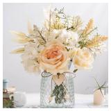 JARELING Silk Rose Flowers in Vase, Artificial Flowers Arrangement with Glass Vase Faux Hydrangea Rose for Decoration Table Centerpiece (Hydrangea Rose)