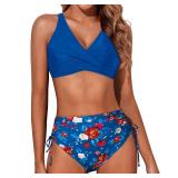 Aqua Eve Women High Waisted Bikini Twist Front Swimsuits Lace up Bikini Tops Ruched Push up 2 Piece Bathing Suits Royal Blue Floral M