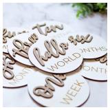 Wooden 3D Monthly Milestone Discs for Baby Photos (20 pcs Set), First Year Monthly Milestone Marker, Includes 1-5 Years, White Stained