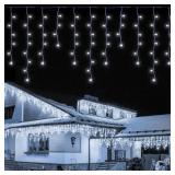 Qunlight LED Icicle Lights, 300 LEDs, 33ft, 8 Modes, Curtain Fairy Light with 60 Drops, Clear Wire LED String for Christmas/Thanksgiving/Easter/Halloween/Party Backdrops Decorations (Cool White)