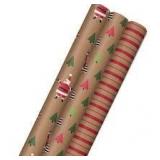 Hallmark Recyclable Christmas Wrapping Paper with Cut Lines on Reverse (3 Rolls: 90 sq. ft. total per box) Kraft Brown with Santas, Green Trees, Red Stripes