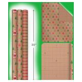 Hallmark Recyclable Christmas Wrapping Paper with Cut Lines on Reverse (3 Rolls: 90 sq. ft. total per box) Kraft Brown with Santas, Green Trees, Red Stripes