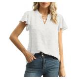 YSYOKOW Womens Summer Tops Casual V Neck T Shirts Ruffle Short Sleeve Blouses Dressy Loose Fit Tunic(White,X Large)