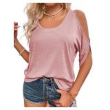 Aoysky Women Cold Shoulder Tops Summer Short Sleeve Shirt Scoop Neck Tee Casual Loose Fitting Solid Color Tunic Top Pink