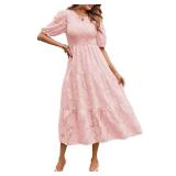 MEROKEETY Summer Dress for Women Elegant Smocked Short Puff Sleeve Floral Solid Midi Maxi Dresses,Pink,XL