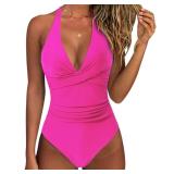 SUUKSESS Women Sexy Tummy Control One Piece Swimsuits Halter Push Up Monokini Bathing Suits (Hot Pink, XL)