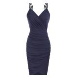 GRACE KARIN Short Cocktail Dress for Women Wrap V Neck Party Bodycon Dress Navy Blue M