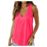 Smile Fish Women Summer Deep V Neck Tank Top Loose Fit Flowy Sleeveless Shirt Cotton Neon Hot Pink,L