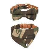 Gyapet Small Dog Collar Puppy Cat Kitten Bow Tie & Bandana 2pcs PU Leather Canvas Scarf camo Green