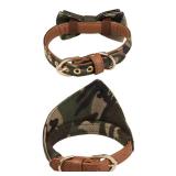 Gyapet Small Dog Collar Puppy Cat Kitten Bow Tie & Bandana 2pcs PU Leather Canvas Scarf camo Green