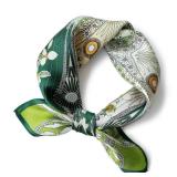 PoeticEHome 100% Real Mulberry Silk Women Small Square Neck Scarfs 21 Lightweight Neckerchief Printed Headscarf Gift Packed (X2   Green 4 Leaf Clover)