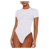 REORIA Bodysuits for Women Summer Sexy Backless Top Double Lined Crew Neck Short Sleeve Basic Trendy Going Out Thong Bodysuit Tops White Medium