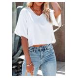 Tankaneo Womens V Neck Cropped T Shirts Casual Summer Crop Tops Half Sleeve Solid Color Crop Baisc Tees