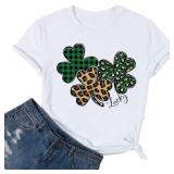 Leopard Shamrock Shirt Women St Patricks Day Tshirt Lucky Clover Graphic Tees Irish Gift Casual Short Sleeve Tops (M, White)