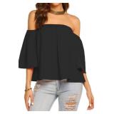 Bluetime Women Summer Off Shoulder Chiffon Blouse Ruffles Short Sleeves Tops Casual T Shirt (M, Black)