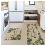 Artoid Mode Eucalyptus Leaves Mats Set of 2, Kitchen is The Heart of The Home Cooking with Love Baking with Heart Decorations for Home 17 x 29 and 17 x 47 Inch