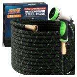 PowerFlow Garden Hose, NON EXPANDABLE 25 Feet Premium Quality Stainless Steel Metal Water Hose with Durable Fabric Skin, Hose For Commercial, Residential Use, Bonus 10 way Spray Nozzle (25 Ft, Black)