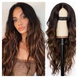 AISI HAIR Wig for Women, Long Wavy Brown with Blonde Highlight Lace Hairline Wig, Middle Part Synthetic Heat Resistant Wig for Daily Party