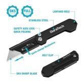 DURATECH 2 Pack Folding Utility Knife, Mini Box Cutter with Safety Axis Lock, Belt Clip, Quick change Blade Mechanism, Full Stainless Steel Body and SK5 Sharp Blade, EDC Pocket Knife Gifts for Men