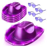 Zhanmai 8 Pieces Cowboy Hat LED Light Up Hat and Heart Sunglasses Sparkly Space Cowgirl Hat for Women Girls Halloween Costume (Purple)