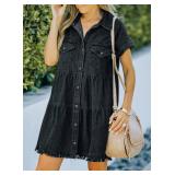 Sidefeel Womens Short Sleeve Frayed Pocket Buttoned Denim Jean Dresses Small Black