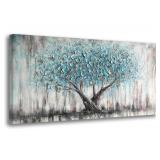 Arjun Tree Wall Art Teal Blue Nature Tree of Life Abstract Canvas Painting Textured Picture, Modern Large Panoramic Landscape Artwork Framed for Living Room Bedroom Bathroom Office Home Decor 40"x20"