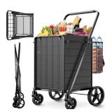 Folding Shopping Cart for Groceries,360 lbs Capacity Grocery Cart with Waterproof Liner and 360° Swiveling Wheels Collapsible Shopping Carts with Double Basket for Condo Laundry Transport Trip