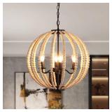 Eoodis Modern Chandelier Light Fixture, 4-Lights Wood Beaded Boho Pedant Lighting Vintage Farmhouse Orb Chandelier Ceiling Light Fixture for Dining Room Kitchen Bedroom Foyer Entryway - Retail: $92.21