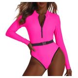 Zando Pink Long Sleeve One Piece Swimsuit for Women, High Cut, Tummy Control, UPF 50+, Size 8-10