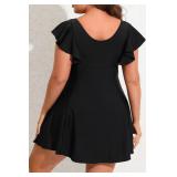 Smismivo Plus Size Swimsuit for Women Tummy Control One Piece Bathing Suit Slimming Ruffle Swimdress Curvy Short Sleeve Skirt Dress Full Coverage Swim Swimming Suits 1 Piece Swimwear for Pool (Black) 