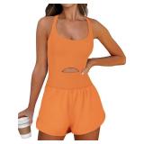 Caracilia Womens Workout Romper Running Short Athletic One Piece Jumpsuits Casual Summer Sets Outfits Exercise Gym Clothes Orange M