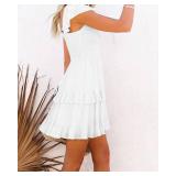 Fessceruna Womens Summer Ruffle Dresses Elastic Empire Waist A-line Layered Flowy Swing Mini Dress A-White M