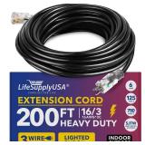 200ft Power Outdoor Extension Cord & Indoor - Waterproof Electric Drop Cord Cable - 3 Prong SJTW, 16 Gauge, 6 AMP, 125 Volts, 750 Watts, 16/3 by LifeSupplyUSA - Black (1 Pack)