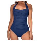 Eomenie Womens Halter Tankini Bathing Suit Ruched Tummy Control Two Piece Swimsuit with Bottom Navy Blue L