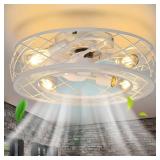 19.7" Caged Ceiling Fan With Light, White Flush Mount Low Profile Ceiling Fan with Light, 6 Speeds and Reversible wind, Included 5*2700K Bulbs, Farmhouse Enclosed Ceiling Fan for Bedroom, Kitchen - Re