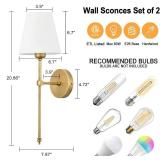 Bsmathom Wall Sconces Sets of 2, Classic Brushed Brass Sconces Wall Lighting, Hardwired Bathroom Vanity Light Fixture with Fabric Shade for Bedroom Living Room Hallway Kitchen, Gold