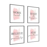 4 pcs Frame Wall Art Stay Positive Make It Happen Motivational Inspirational Quote Pink Canvas Painting Poster Pictures for Teenage Girl Bedroom Decor Office