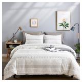 WARMDERN Grey Stripe Boho Duvet Cover Set Queen, 3pcs Ultra Soft Breathable Aztec Cotton Comforter Cover with Zipper Ties, 1 Bohemian White Duvet Cover & 2 Pillowcase(Queen,Grey)